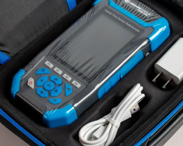 Jonard Tools Multi-function OTDR with carrying case and full accessory kit displayed.